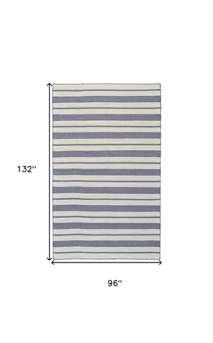 Homeroots 8' X 11' Blue And Ivory Striped Dhurrie Hand Woven Stain Resistant Area Rug Blue,Ivory Other Material 511682