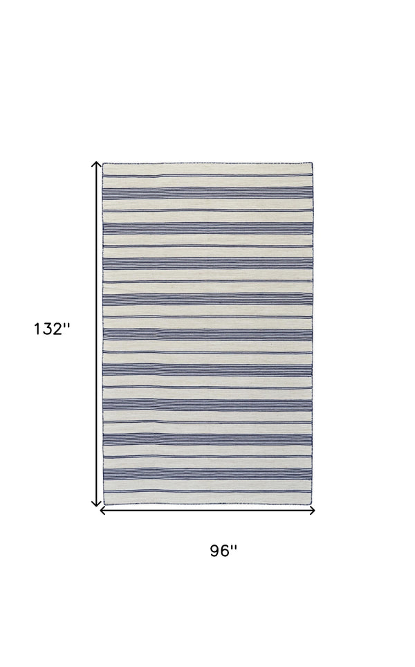 Homeroots 8' X 11' Blue And Ivory Striped Dhurrie Hand Woven Stain Resistant Area Rug Blue,Ivory Other Material 511682