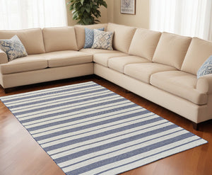 Homeroots 8' X 11' Blue And Ivory Striped Dhurrie Hand Woven Stain Resistant Area Rug Blue,Ivory Other Material 511682