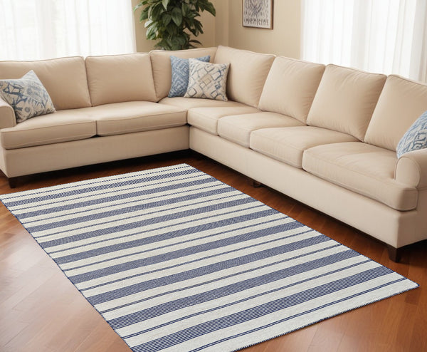 Homeroots 8' X 11' Blue And Ivory Striped Dhurrie Hand Woven Stain Resistant Area Rug Blue,Ivory Other Material 511682