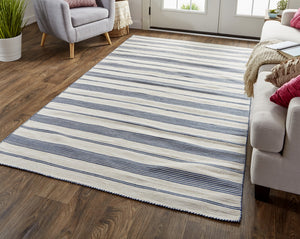 Homeroots 8' X 11' Blue And Ivory Striped Dhurrie Hand Woven Stain Resistant Area Rug Blue,Ivory Other Material 511682