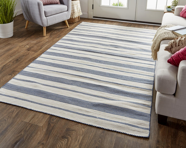 Homeroots 8' X 11' Blue And Ivory Striped Dhurrie Hand Woven Stain Resistant Area Rug Blue,Ivory Other Material 511682