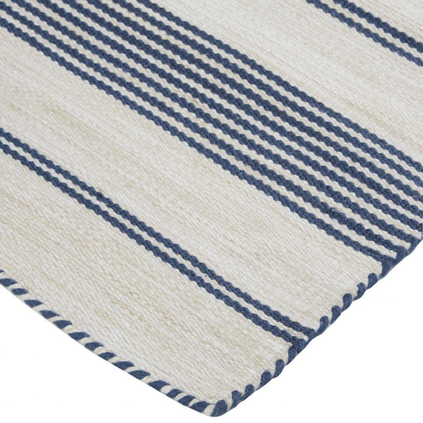 Homeroots 8' X 11' Blue And Ivory Striped Dhurrie Hand Woven Stain Resistant Area Rug Blue,Ivory Other Material 511682