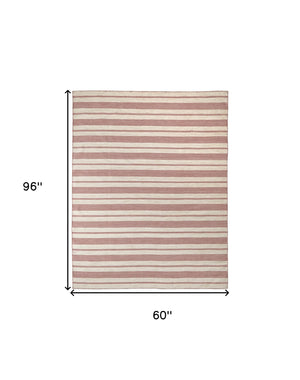 Homeroots 5' X 8' Red And Ivory Striped Dhurrie Hand Woven Stain Resistant Area Rug Red,Ivory Other Material 511684