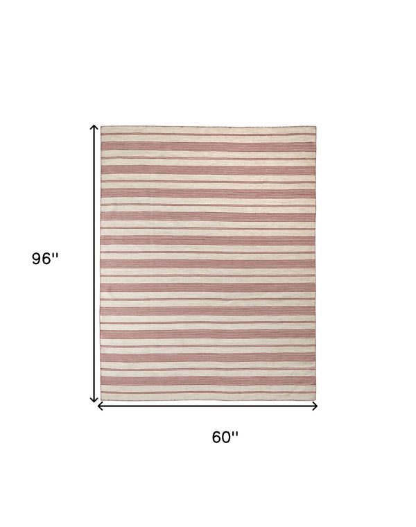 Homeroots 5' X 8' Red And Ivory Striped Dhurrie Hand Woven Stain Resistant Area Rug Red,Ivory Other Material 511684