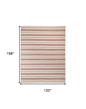 Homeroots 10' X 14' Red And Ivory Striped Dhurrie Hand Woven Stain Resistant Area Rug Red,Ivory Other Material 511686