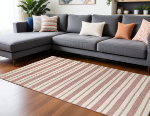 Homeroots 10' X 14' Red And Ivory Striped Dhurrie Hand Woven Stain Resistant Area Rug Red,Ivory Other Material 511686