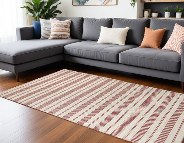 Homeroots 10' X 14' Red And Ivory Striped Dhurrie Hand Woven Stain Resistant Area Rug Red,Ivory Other Material 511686