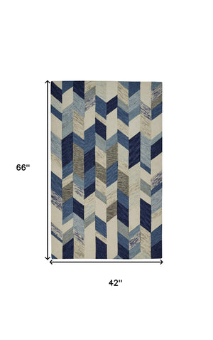 Homeroots 4' X 6' Blue Ivory And Gray Wool Geometric Tufted Handmade Area Rug Blue,Ivory,Gray Wool 511687