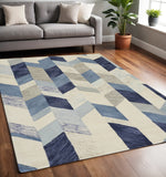 Homeroots 5' X 8' Blue And Ivory Wool Geometric Hand Tufted Area Rug Blue,Ivory,Gray Wool 511688