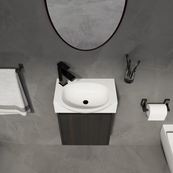 English Elm 16" Bathroom Vanity Sink Combo for Small Spaces — Compact Engineered Wood Cabinet with Ceramic Basin, Moisture-Resistant Finish and Hidden Handle, Easy Assembly Black W1972P190340