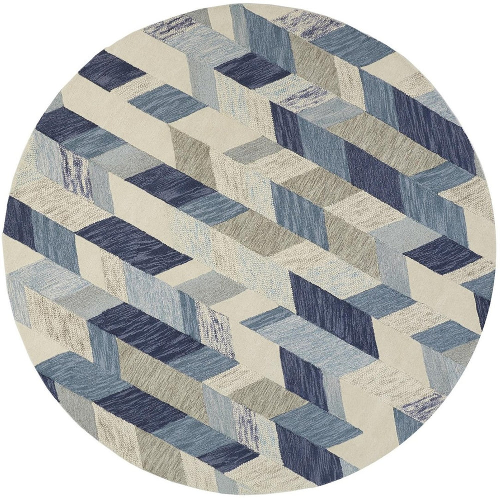 HomeRoots 8' Handmade Wool Geometric Tufted Area Rug in Blue, Ivory, and Gray – Modern Artistry for Any Space 8' Round 511691