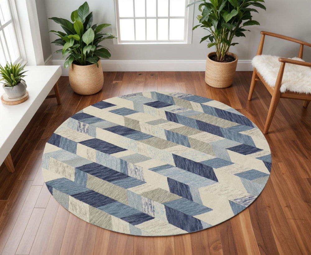 HomeRoots 8' Handmade Wool Geometric Tufted Area Rug in Blue, Ivory, and Gray – Modern Artistry for Any Space 8' Round 511691