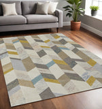 Homeroots 5' X 8' Ivory Taupe And Blue Wool Geometric Tufted Handmade Area Rug Ivory,Taupe,Blue Wool 511694