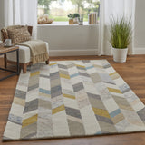 Homeroots 5' X 8' Ivory Taupe And Blue Wool Geometric Tufted Handmade Area Rug Ivory,Taupe,Blue Wool 511694