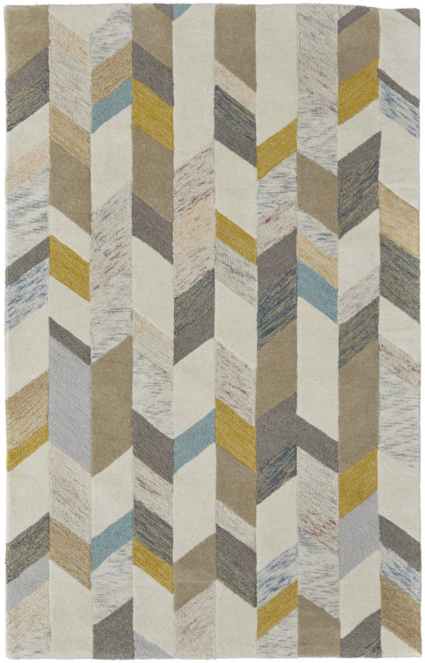 Homeroots 8' X 11' Ivory Taupe And Blue Wool Geometric Tufted Handmade Area Rug Ivory,Taupe,Blue Wool 511695