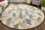 Homeroots 8' Ivory Taupe And Blue Round Wool Geometric Tufted Handmade Area Rug Ivory,Taupe,Blue Wool 511697