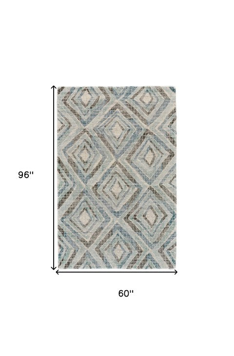 Homeroots 5' Blue Gray & Ivory Wool Geometric Tufted Handmade Area Rug - Add Warmth & Elegance To Your Home! 5' X 8' Wool 511705