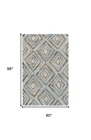 Homeroots 5' Blue Gray & Ivory Wool Geometric Tufted Handmade Area Rug - Add Warmth & Elegance To Your Home! 5' X 8' Wool 511705