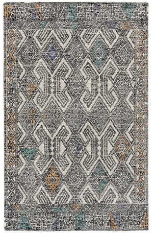 HomeRoots 4' Handmade Wool Area Rug - Distressed Geometric Design in Black, Ivory & Green for Timeless Style 4' X 6' 511716