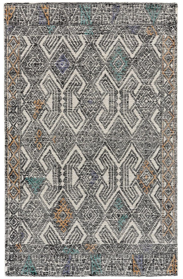HomeRoots 4' Handmade Wool Area Rug - Distressed Geometric Design in Black, Ivory & Green for Timeless Style 4' X 6' 511716