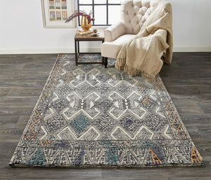 HomeRoots 4' Handmade Wool Area Rug - Distressed Geometric Design in Black, Ivory & Green for Timeless Style 4' X 6' 511716