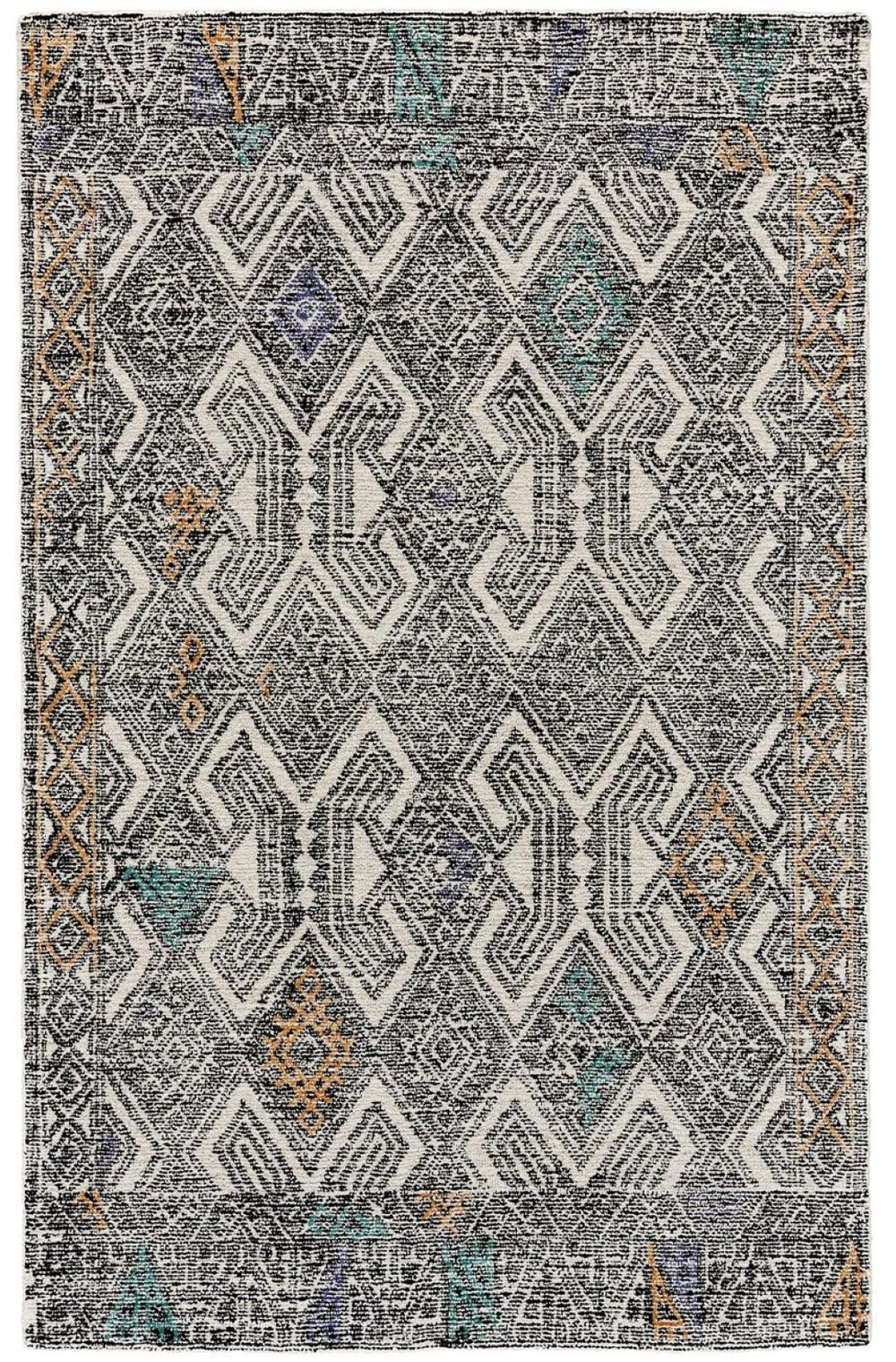 HomeRoots 4' Handmade Wool Area Rug - Distressed Geometric Design in Black, Ivory & Green for Timeless Style 5' X 8' 511717