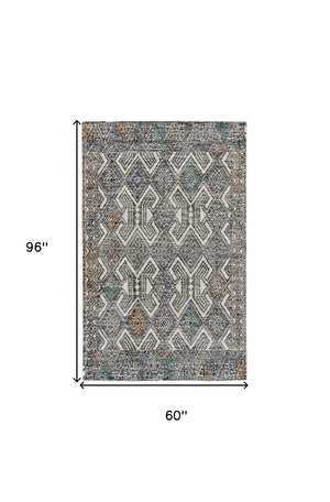 HomeRoots 4' Handmade Wool Area Rug - Distressed Geometric Design in Black, Ivory & Green for Timeless Style 5' X 8' 511717