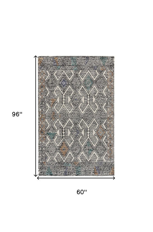HomeRoots 4' Handmade Wool Area Rug - Distressed Geometric Design in Black, Ivory & Green for Timeless Style 5' X 8' 511717
