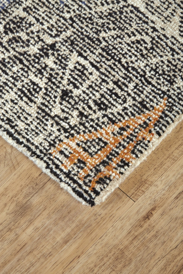 HomeRoots 4' Handmade Wool Area Rug - Distressed Geometric Design in Black, Ivory & Green for Timeless Style 8' X 11' 511718
