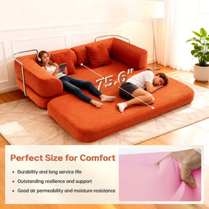 English Elm Floor Floor Couch Convertible 5-in-1 Corduroy Sofa Bed with Pillow-to-Blanket, Reinforced Frame Red W3565P354958