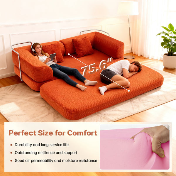 English Elm Floor Floor Couch Convertible 5-in-1 Corduroy Sofa Bed with Pillow-to-Blanket, Reinforced Frame Red W3565P354958