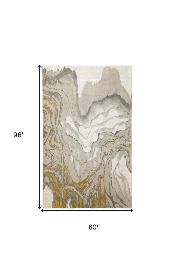 Homeroots 5' X 8' Gold Ivory And Gray Abstract Stain Resistant Area Rug Gold,Ivory,Gray Polypropylene 511750