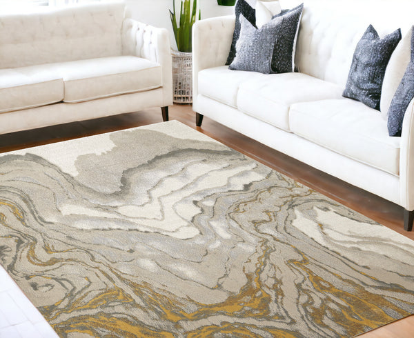 Homeroots 5' X 8' Gold Ivory And Gray Abstract Stain Resistant Area Rug Gold,Ivory,Gray Polypropylene 511750