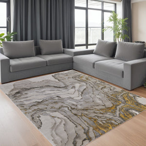 Homeroots 8' X 11' Gold And Ivory Abstract Area Rug Gold,Ivory,Gray Polypropylene,Polyester 511752