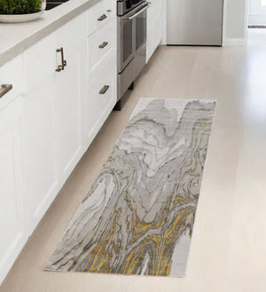 Homeroots 8' Gold And Ivory Abstract Runner Rug Gold,Ivory,Gray Polypropylene,Polyester 511754