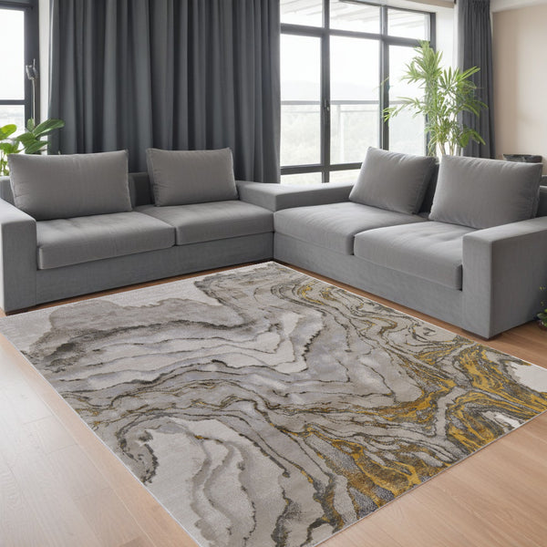 Homeroots 12' X 15' Gold And Ivory Abstract Area Rug Gold,Ivory,Gray Polypropylene,Polyester 511755