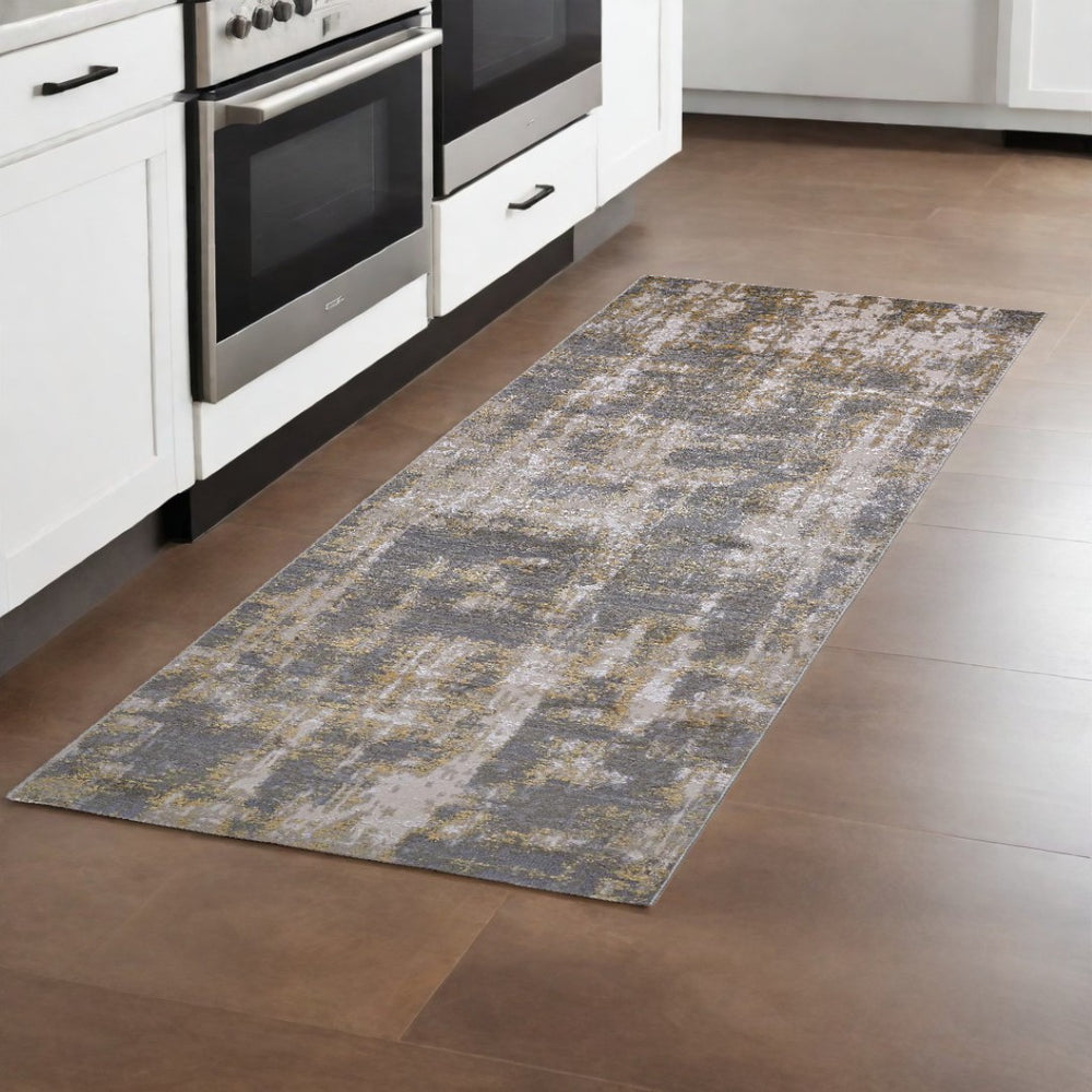 HomeRoots 5' Gray and Gold Abstract Area Rug - Modern Contemporary Design for Living Rooms and High-Traffic Spaces 8' Runner 511782