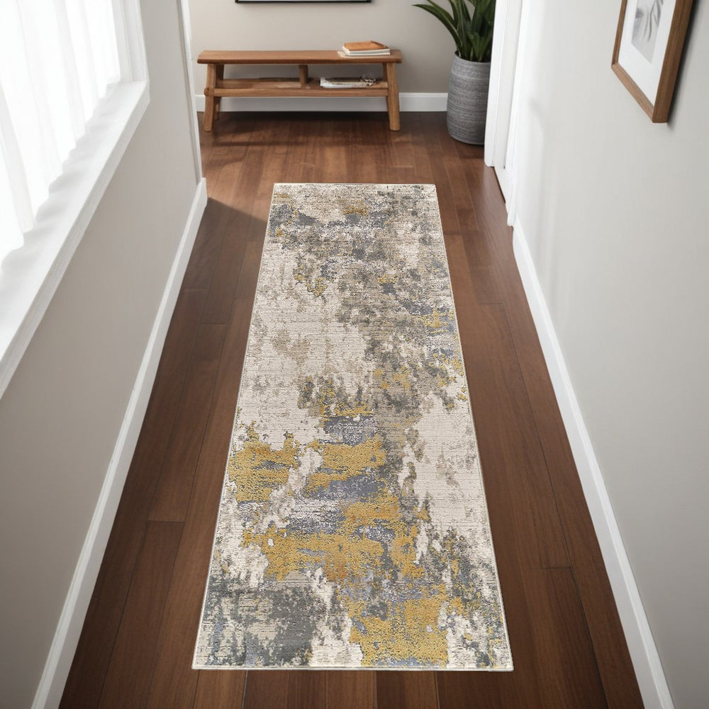 Homeroots 8' Ivory Gray And Gold Abstract Runner Rug Ivory,Gold,Gray Polypropylene 511789