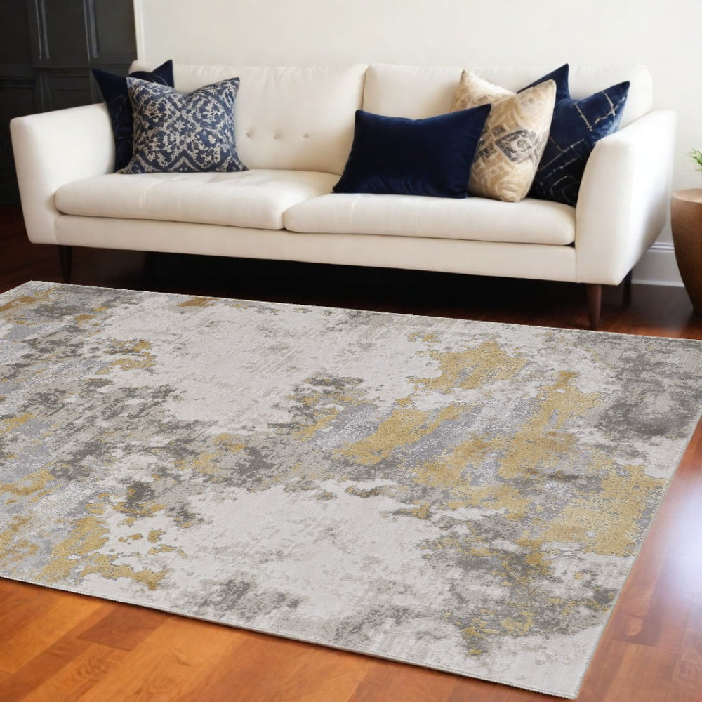 HomeRoots 5' Elegant Ivory Gray and Gold Abstract Area Rug - Modern Design, Stain Resistant, Durable for Homes 12' X 15' 511790