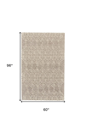 HomeRoots 5' Handmade Wool Area Rug in Tan and Ivory Geometric Design - Stain Resistant for Easy Care 5' X 8' 511857