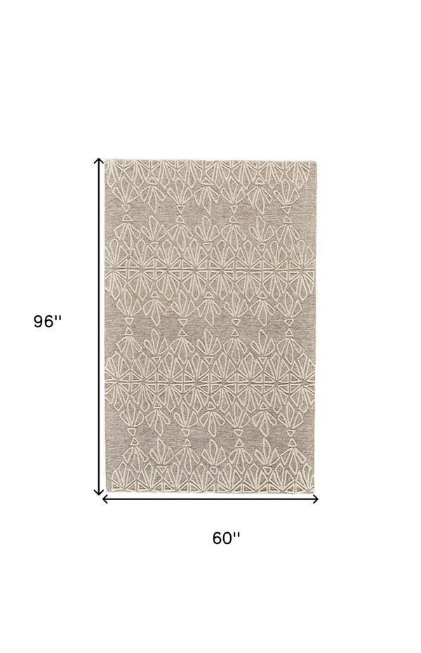 HomeRoots 5' Handmade Wool Area Rug in Tan and Ivory Geometric Design - Stain Resistant for Easy Care 5' X 8' 511857