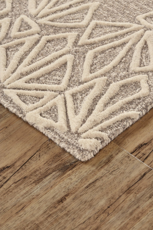 HomeRoots 5' Handmade Wool Area Rug in Tan and Ivory Geometric Design - Stain Resistant for Easy Care 10' X 13' 511859