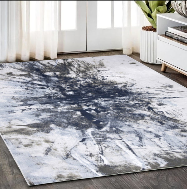 HomeRoots 5' Modern Abstract Blue-Gray and White Stain-Resistant Area Rug for Stylish Home Décor Upgrade 5' X 7' 511874