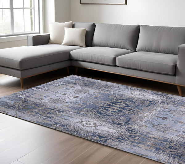 HomeRoots 5' Abstract Blue-Gray and Taupe Area Rug - Stain-Resistant, Durable Design for Modern Spaces 7' X 10' 511881