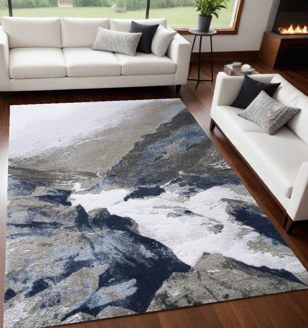 HomeRoots 5' Modern Abstract Blue-Gray and White Stain-Resistant Area Rug for Stylish Living Spaces 5' X 7' 511892