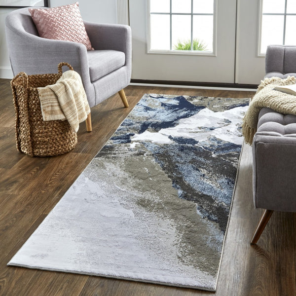 HomeRoots 5' Modern Abstract Blue-Gray and White Stain-Resistant Area Rug for Stylish Living Spaces 8' Runner 511896