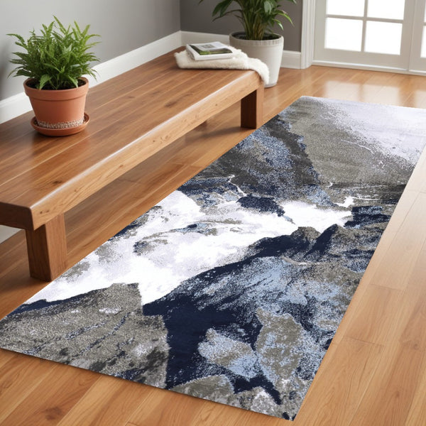 HomeRoots 5' Modern Abstract Blue-Gray and White Stain-Resistant Area Rug for Stylish Living Spaces 8' Runner 511896