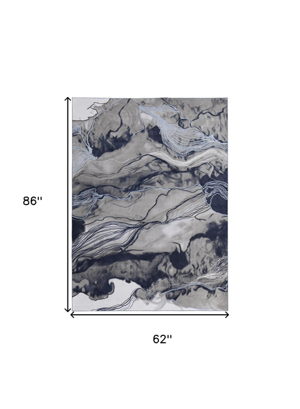 HomeRoots 5' Abstract Blue-Gray and Ivory Area Rug – Soft, Stain-Resistant Design for Modern Living Spaces 5' X 7' 511898