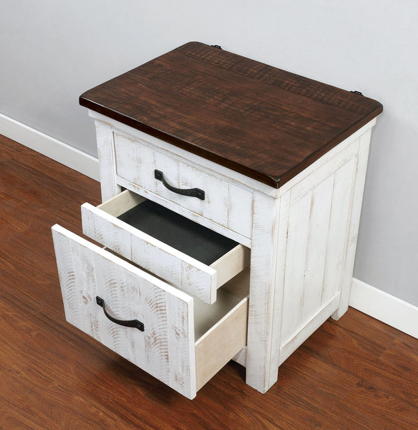 English Elm Plank Distressed White Transitional Nightstand 2-Drawer Solid Wood Bedside Table with Brass Arch Pulls and Felt-Lined French Dovetail Drawers B011P378480
